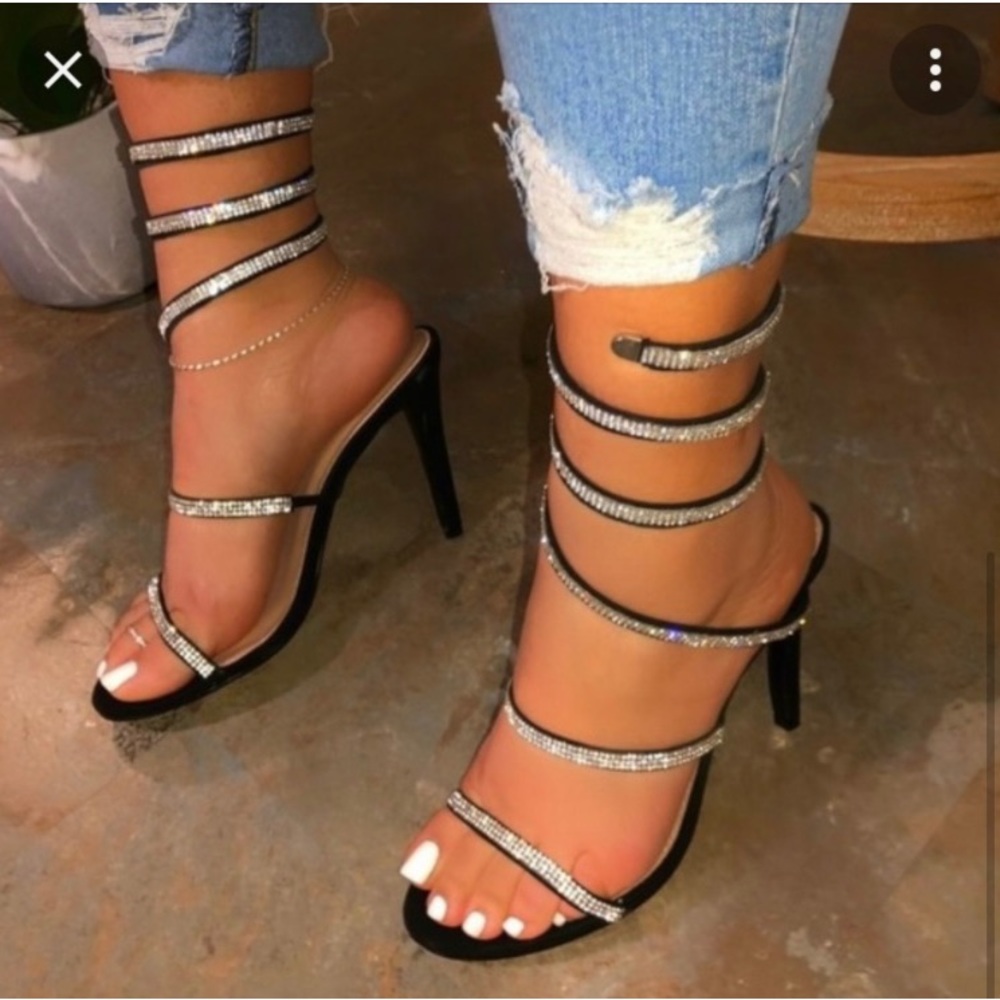 Black rhinestones spiral rare heels sandals, size 7.5